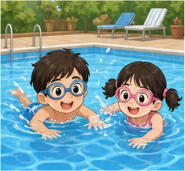 the children swimming in a pool