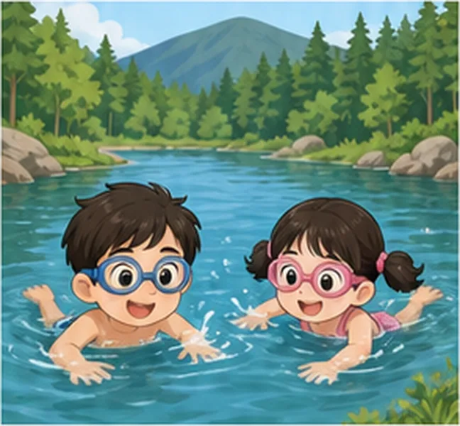 the children swimming in a lake