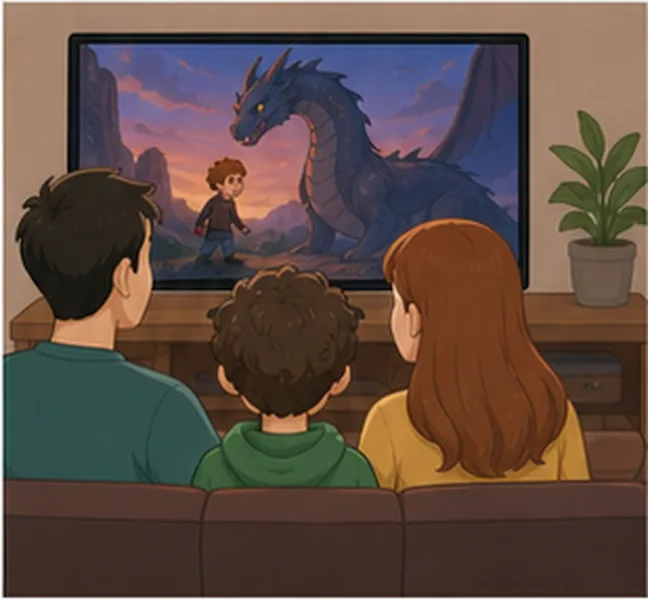 the family watching a film on television