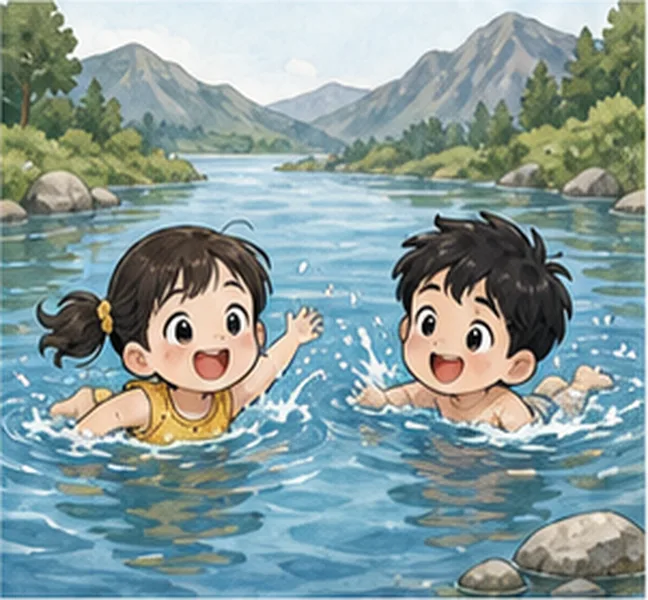 the children swimming in a lake