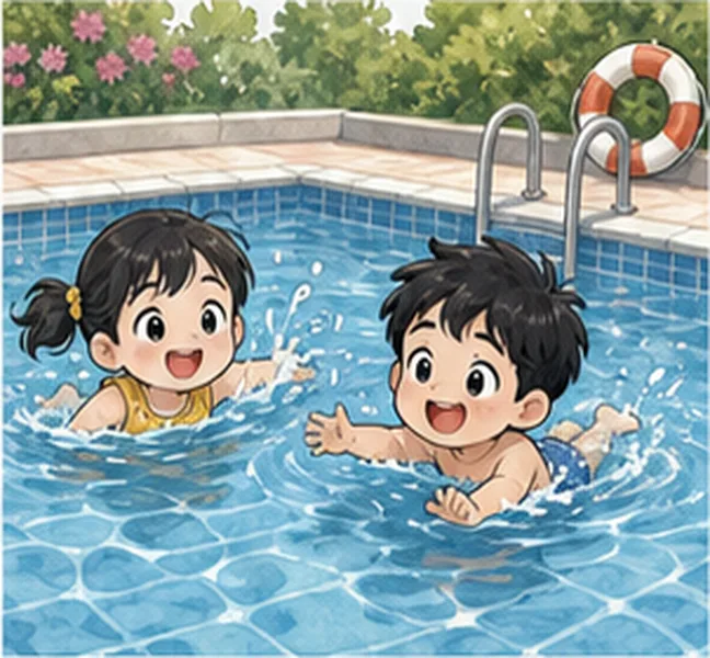 the children swimming in a pool