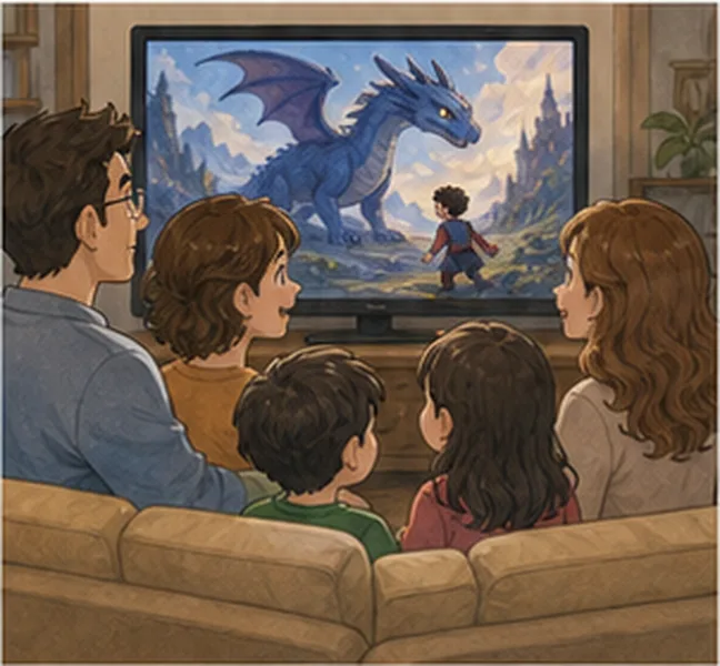 the family watching a film on television