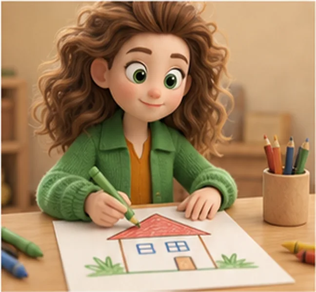 the girl drawing a house