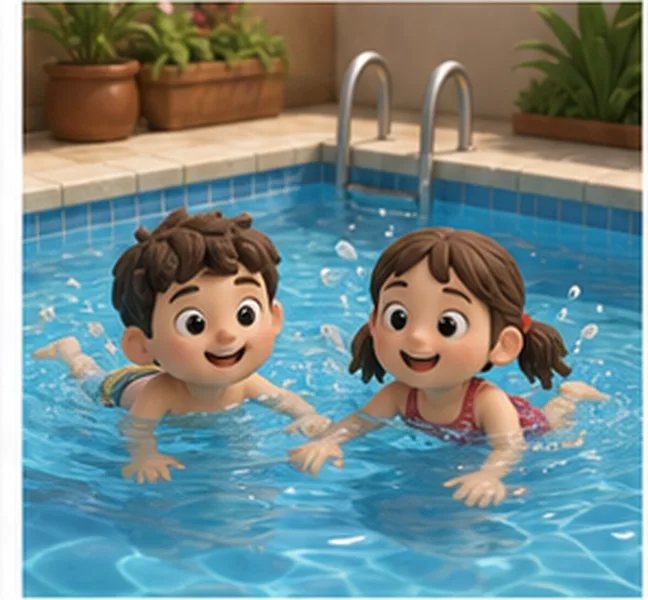 the children swimming in a pool