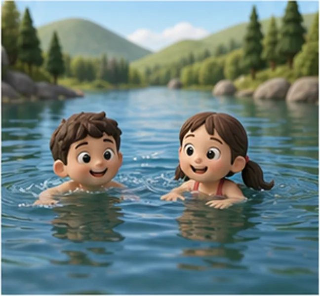 the children swimming in a lake