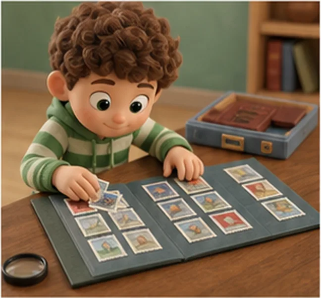 the boy collecting stamps