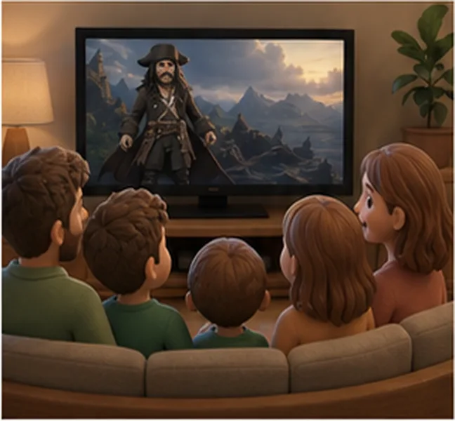 the family watching a film on television