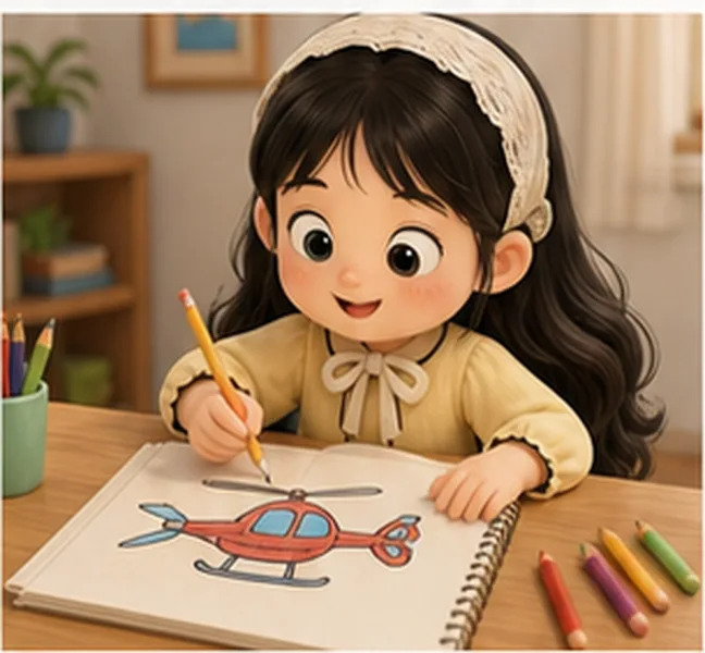 the girl drawing a helicopter