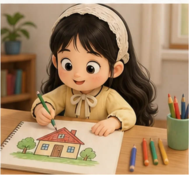 the girl drawing a house