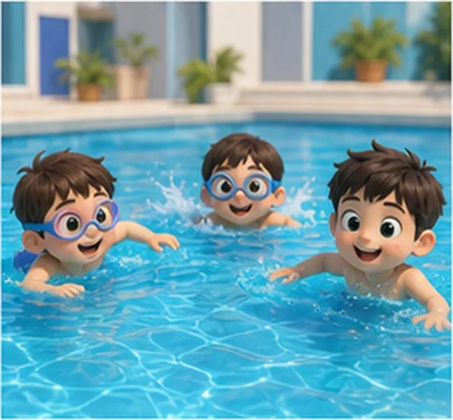 the children swimming in a pool