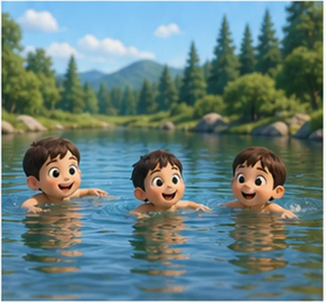 the children swimming in a lake