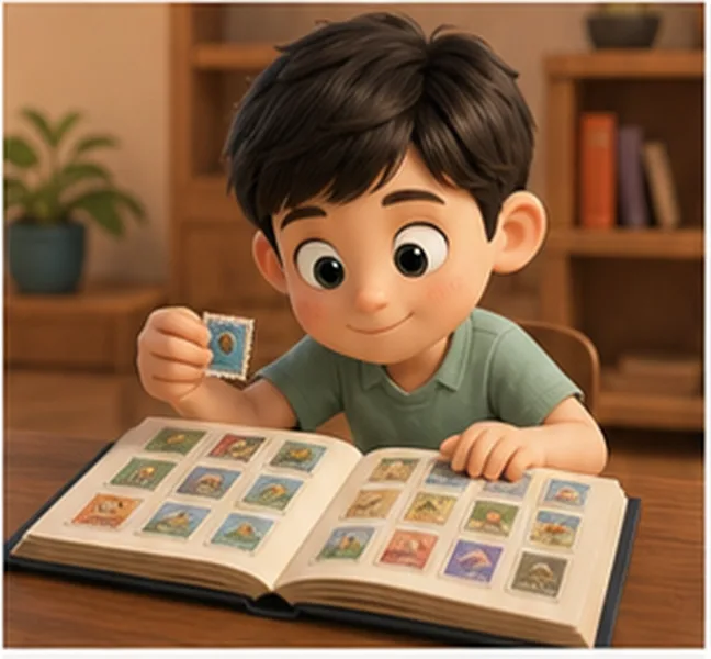 the boy collecting stamps