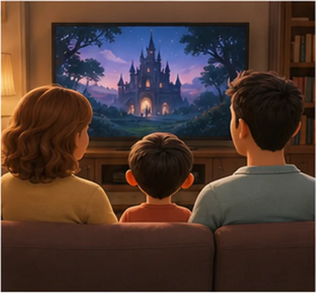 the family watching a film on television