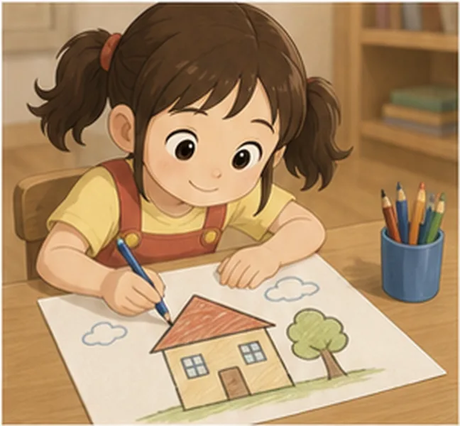 the girl drawing a house