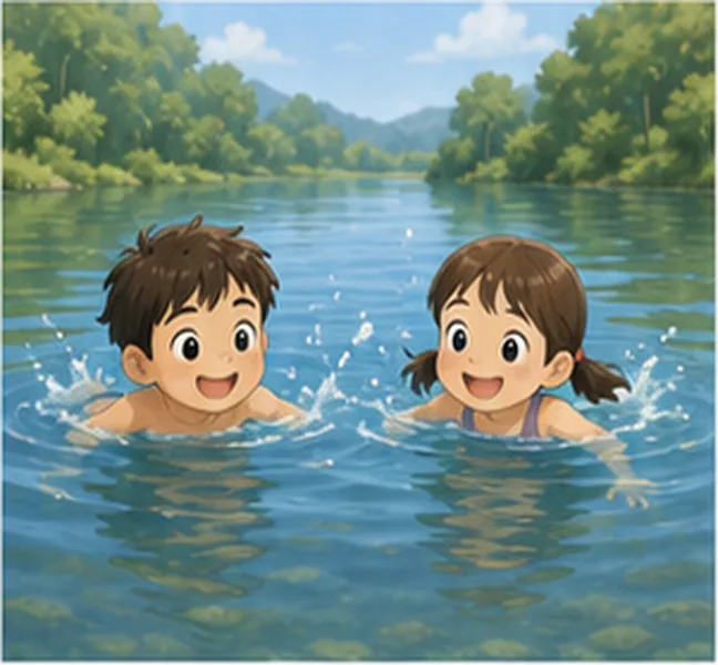 the children swimming in a lake
