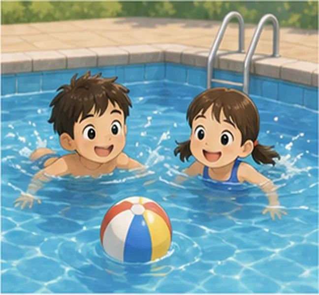 the children swimming in a pool