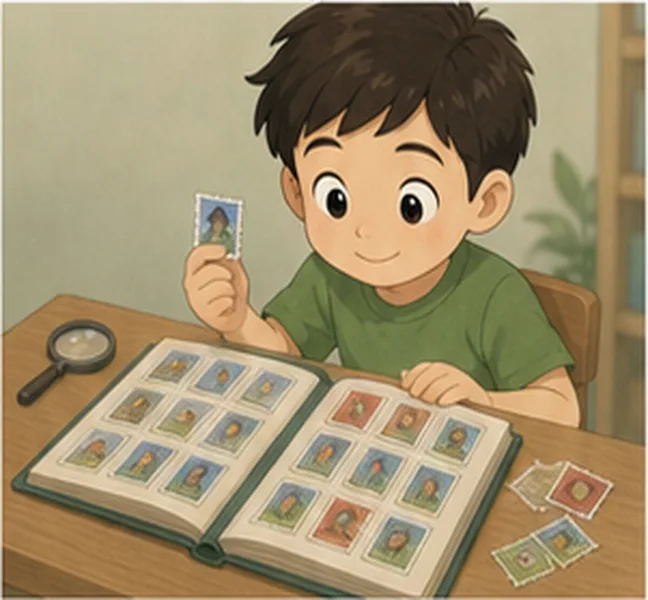 the boy collecting stamps