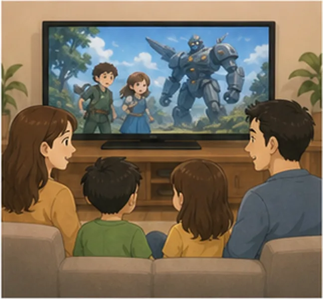 the family watching a film on television