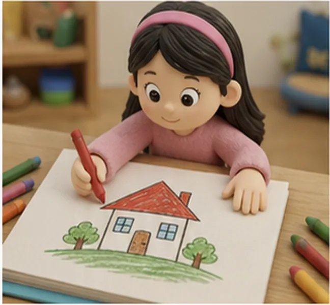 the girl drawing a house