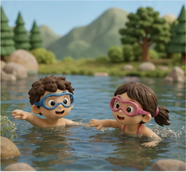 the children swimming in a lake