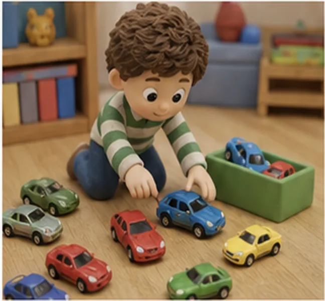 the boy collecting toy cars