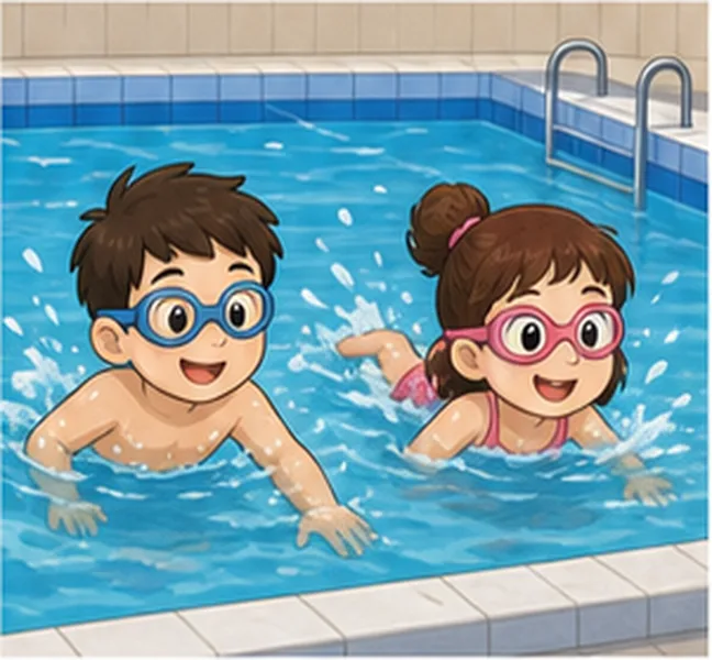 the children swimming in a pool