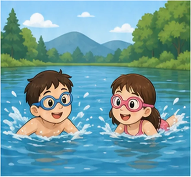 the children swimming in a lake