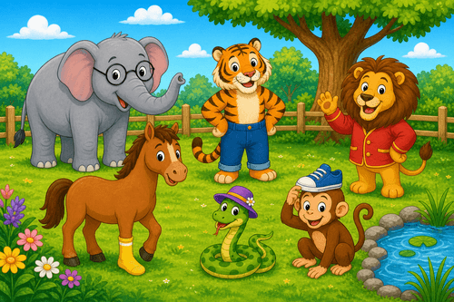 A cartoon zoo garden with an elephant wearing glasses, a tiger, a lion in a red jacket, a horse, a snake in a hat, and a monkey.