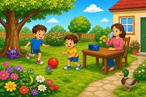 A cartoon garden with two boys, a woman drinking at a table, a red ball, flowers, a radio, a snake, and a duck.