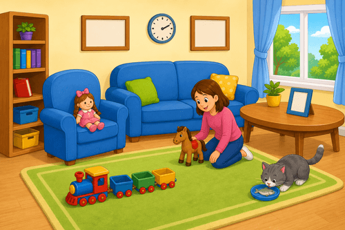 A cartoon living room with a doll in an armchair, a toy train on a mat, a clock between two pictures, a cat eating fish, and a small table.
