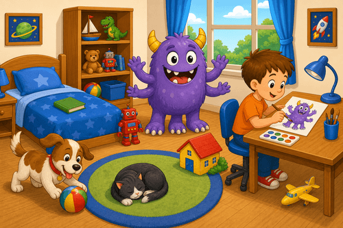A cartoon bedroom with a friendly purple monster, a boy painting, a dog with a ball, a cat on a mat, a robot, a plane, and toys.