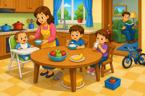 A cartoon kitchen with mum feeding a baby, children at the table, dad reading, apples, a banana, a mouse, and a bike by the door.