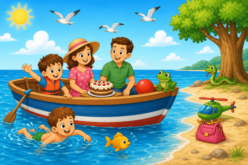 A cartoon sea scene with a family in a boat, a boy swimming, a fish, a cake, birds, a frog near a tree, and a beach bag.