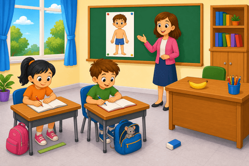 A cartoon classroom with a teacher, children at desks, a banana on the teacher desk, a mouse in a bag, a ruler, an eraser, and a body picture on the board.