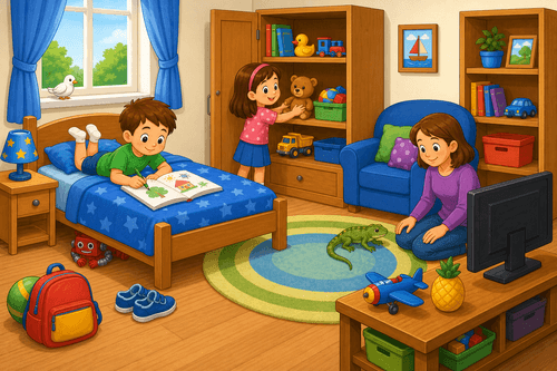 A cartoon bedroom with a boy drawing on a bed, a girl putting toys in a cupboard, a plane toy, a robot, shoes, a lizard, a TV, and a ball.