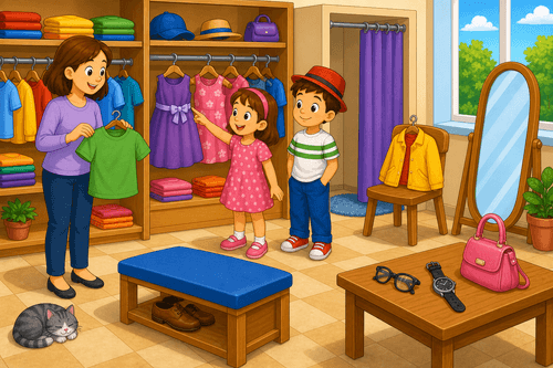 A cartoon clothes shop with a girl pointing at a purple dress, a boy in a red hat, a yellow jacket, shoes, glasses, a watch, a handbag, and a cat.