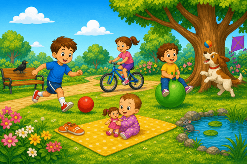 A cartoon park sports scene with a boy playing football, a girl riding a bike, a baby with a doll, a dog catching a ball, a bird, a kite, shoes, and a pond.