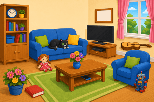 A cartoon living room with a sofa, cat, doll, clock, bookcase, phone, book, flowers, TV, armchair, guitar, and robot.