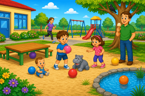 A cartoon school playground with children, coloured balls, a baby, a man, a hippo toy, a water pool, trees, and swings.