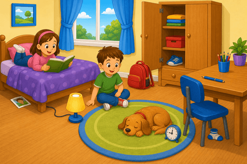 A cartoon bedroom with a girl reading on a bed, boy, desk, lamp, sleeping dog, chair, cupboard, clock, and school objects.