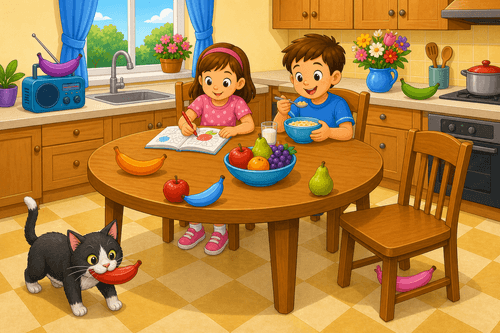 A cartoon kitchen with children, cat, radio, flowers, table, fruit bowl, and many coloured bananas.