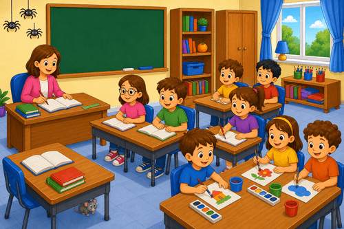 A cartoon classroom with a teacher, children painting, desks, books, a board, spiders on the wall, and classroom objects.
