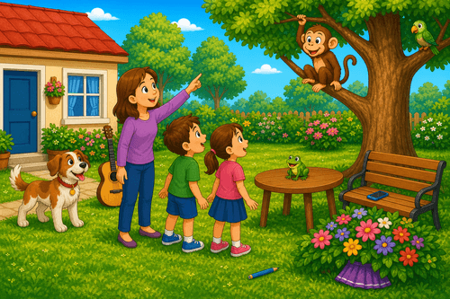 A cartoon garden with children, a woman pointing, a monkey in a tree, a dog, a frog on a table, flowers, and garden objects.