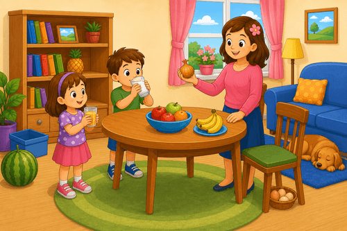 A cartoon room with a woman, children, fruit on a table, watermelon, dog behind sofa, bookcase, flowers, and drinks.