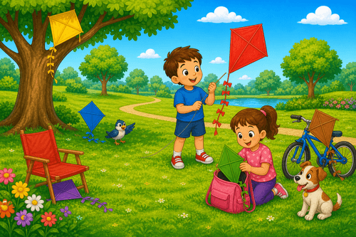 A cartoon park with a boy holding a kite, a girl with a bag, a bicycle, tree, chair, dog, flowers, and many coloured kites.