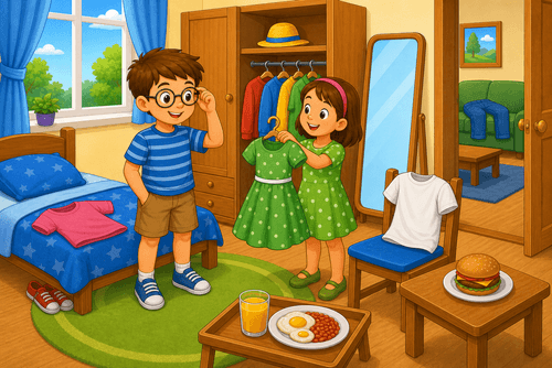 A cartoon bedroom with a boy wearing glasses, a girl in a green dress, clothes, shoes, breakfast tray, hat, and mirror.