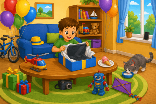 A cartoon birthday room with a child opening a computer, robot, kite, helicopter toy, bike, camera, cat drinking milk, sofa, and balloons.