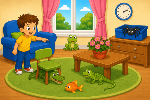A cartoon room with a boy, a fish, a frog, a crocodile, a lizard, a spider, a table, a chair, a box, flowers, a clock, and a window.