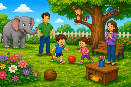 A cartoon garden with children, a man, a woman, an elephant, a monkey in a tree, a toy helicopter, a ball, and a desk.