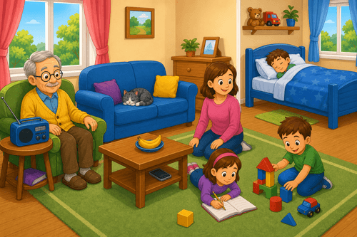 A cartoon family room with a grandfather, a radio, a sofa, a cat, a mother, children, blocks, a bed, and a sleeping boy.
